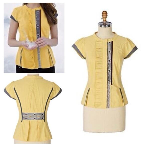Anthropologie Floreat Morning Surprise Blouse Size 4 Yellow Embroidered Ruffled - Picture 2 of 16
